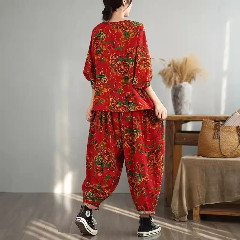 Large Size Women's Autumn New Ethnic Style Set Cotton And Linen Northeast Printed Retro Chinese Two Piece Pants Outfits K2288