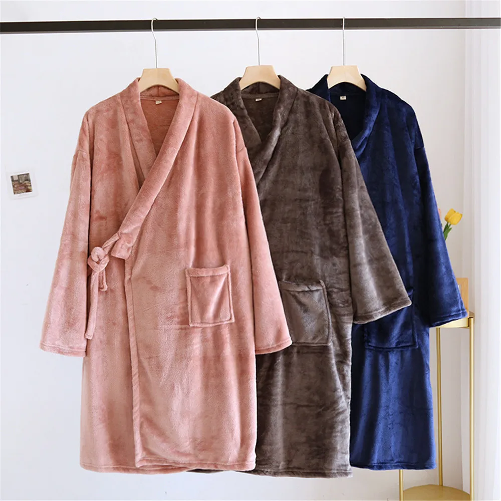 

Зимние комплекты однотонных фланелевых утепленных халатов для влюбленных, халат для пары, ночное белье с карманами, кимоно, домашняя одежда
