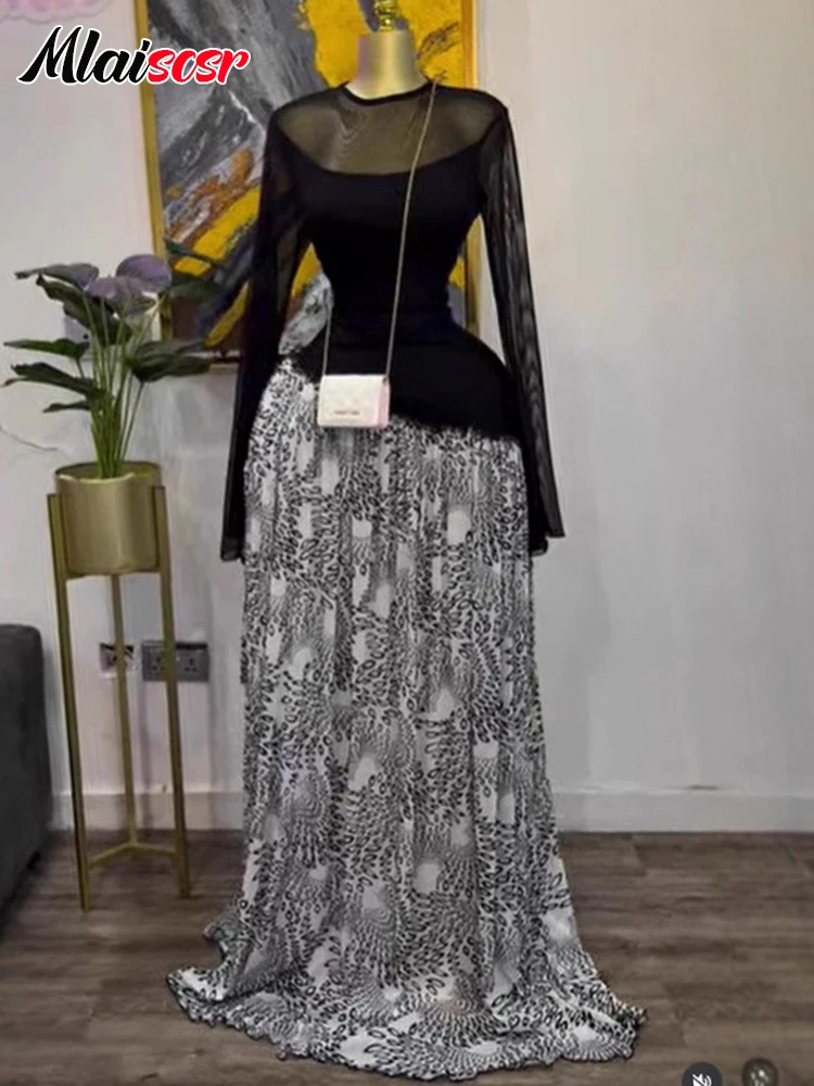 Mlaiscsr maille imprimé Patchwork femmes col rond a-ligne plissée robe Maxi élégante fête vacances soirée anniversaire mariage robes