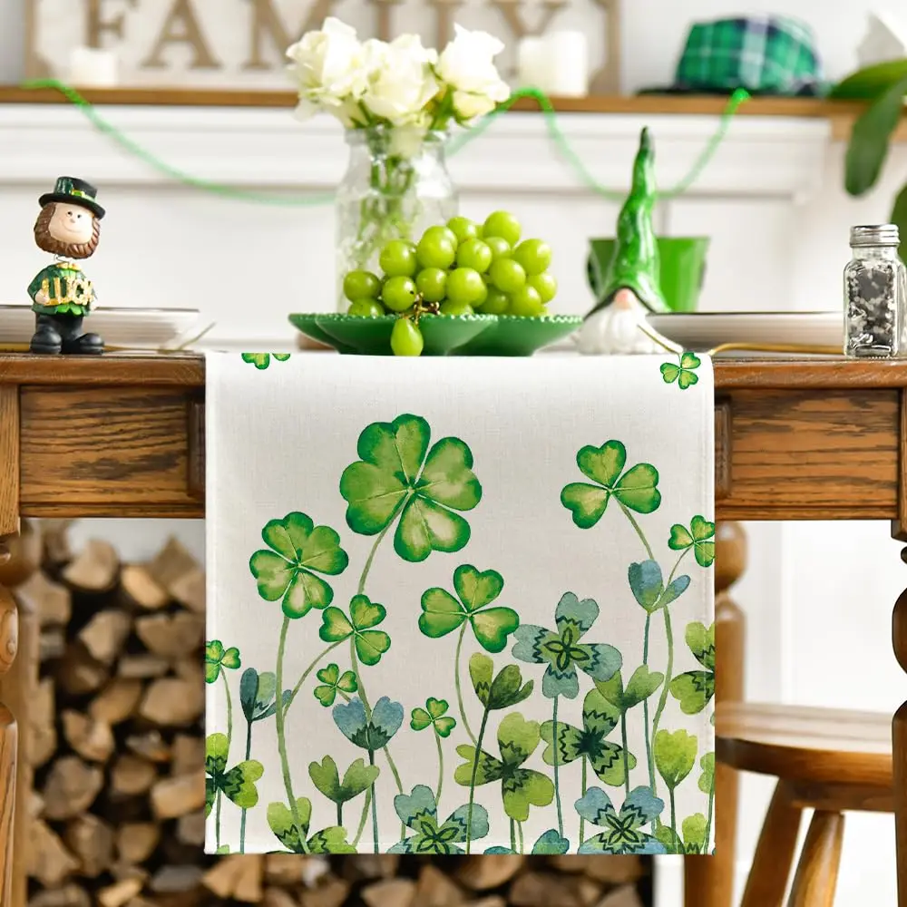 Shamrock St. Patrick's Day Table Runner, Seasonal Spring Holiday Kitchen Dining Table Decor for  Outdoor Home Party 13 x 72 Inch