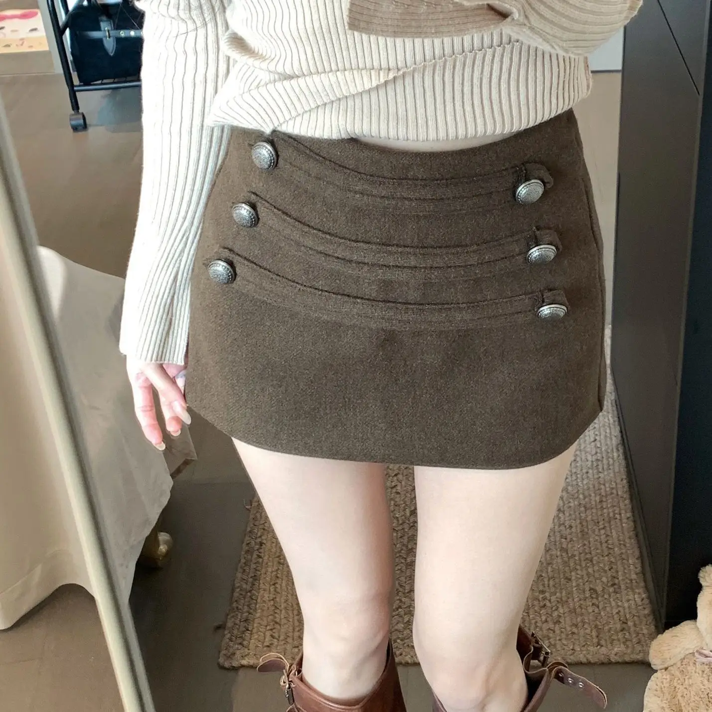 Winter New Black Double-breasted Skirt Female Spice Girl High Waist Metal Buckle Mini Skirt