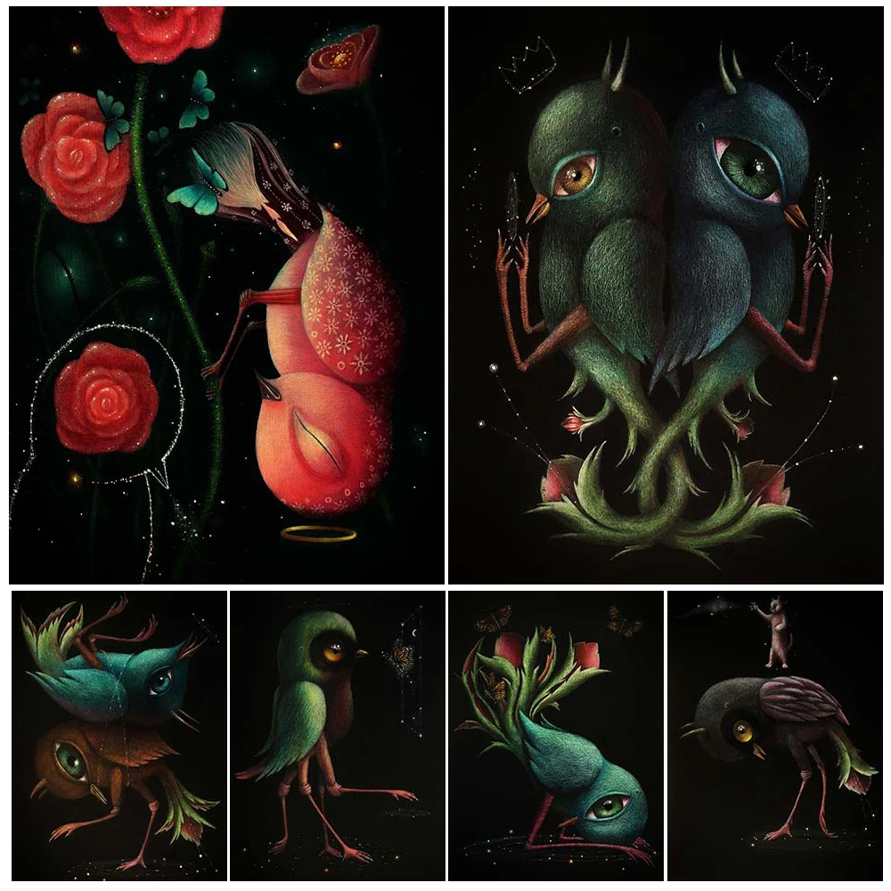 

Magical Magic Bird Couple Abstract Wall Art Canvas Painting Flower-Tailed Bird Gothic Art Poster Print Home Decoration Unframed