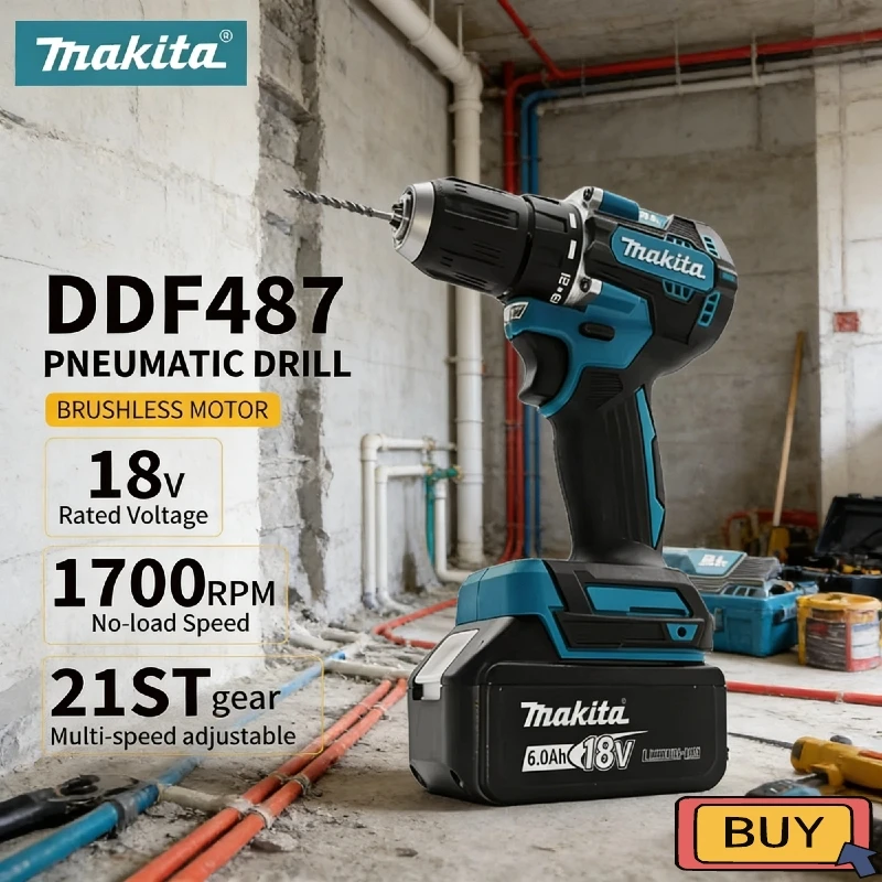 

Аккумуляторная ударная дрель-шуруповерт Makita DDP487 с бесщеточным двигателем, высоким крутящим моментом, 18В, с батареей.