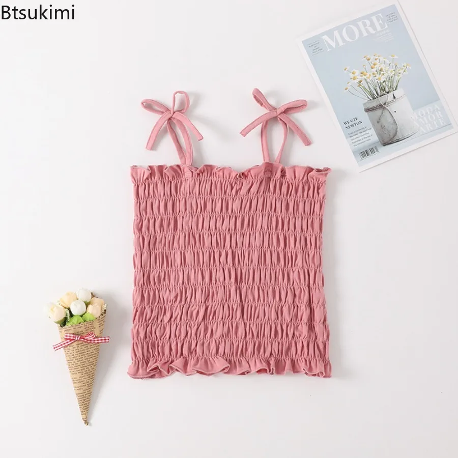 Cute Butterfly Knot Small Strap Vest Tulle Skirt Cotton Summer New Style Girls Clothing Folded Top Love Printed Shoulder Strap