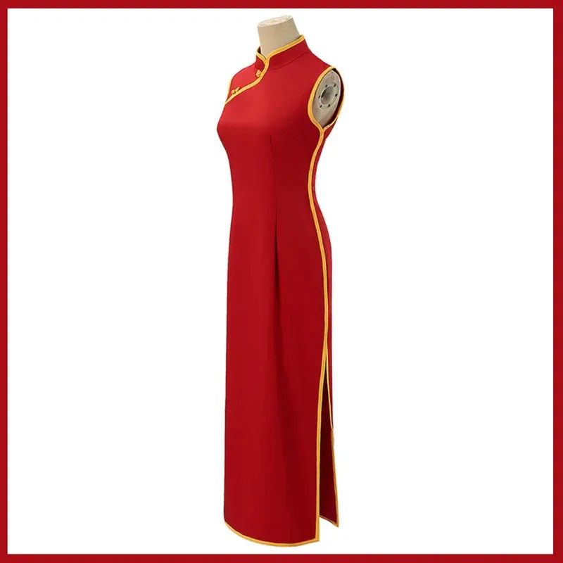 GINTAMA Leader Kagura Women's Cosplay Costume Red Cheongsam Dress with Wig And Headwear Sexy Traditional Chinese Festival Suit