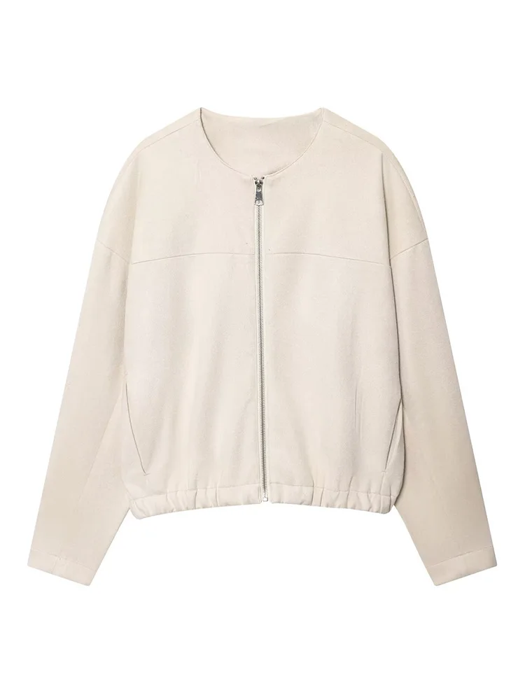 HH 2026 femmes nouvelle mode fermeture éclair poches latérales solide Bomber veste femme ample décontracté col rond manches longues mince rue manteau court