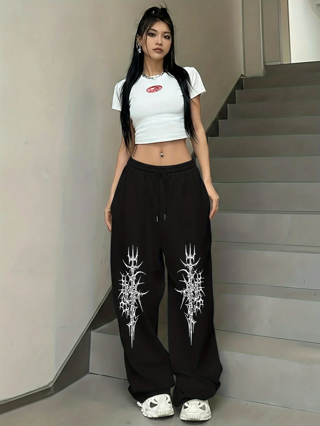 Thorn shaped pattern printed casual sports pants, American casual trend women's straight leg pants