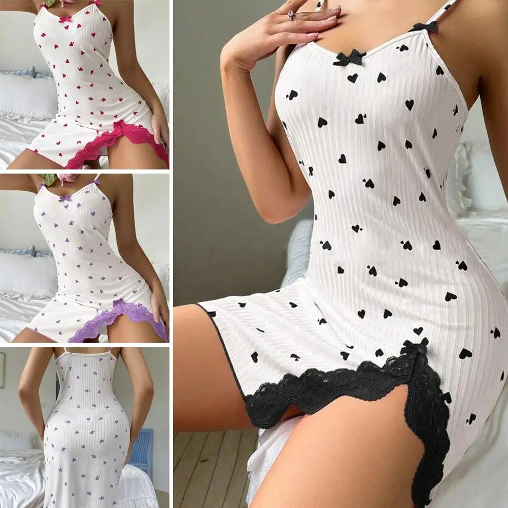 Camicia da notte senza maniche con stampa a forma di cuore Camicia da notte senza maniche da donna sexy Camicia da notte con bretelle corte A-line Gonna con reggicalze in pizzo a vita alta