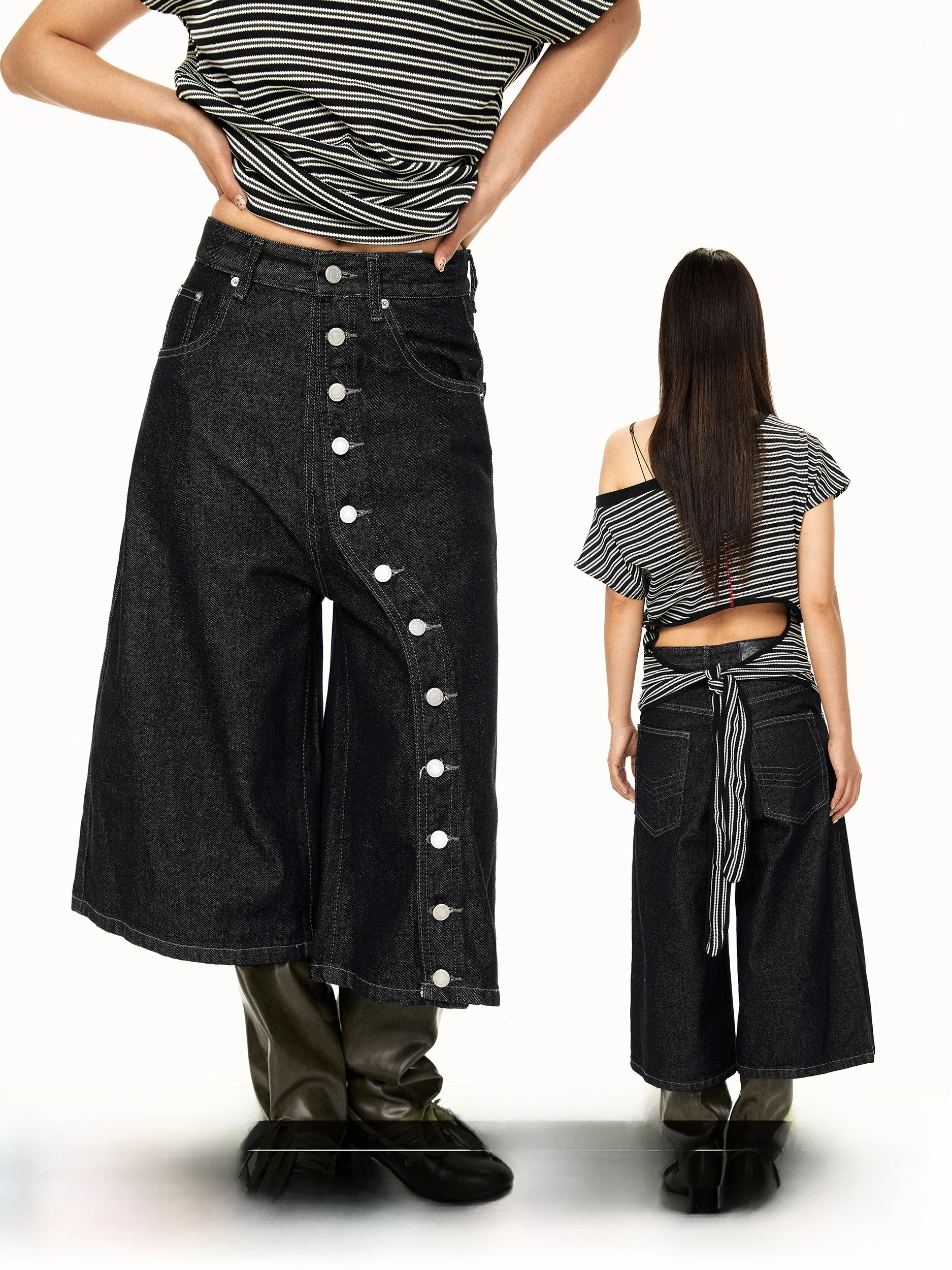 Summer Casual American Spicy Girl Seven-Foot Loose Straight-Cut Jeans High Waist Vintage Versatile Slimming Button-Up Denim S...