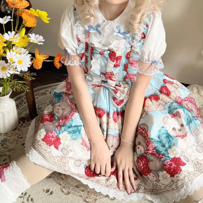 Harajuku Kawaii Lolita Cosplay miękka siostrzana sukienka śliczna królik truskawkowa bez rękawów Jsk marszczona kokardka księżniczka Tutu słodkie