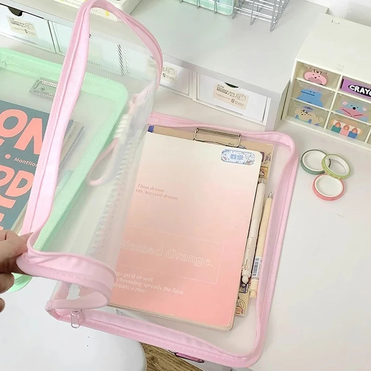 Transparent Zippered Document Storage Bag with Clip Expanded Mesh Zipper Pouch Bags for Storing Teaching Plan, Homework A4