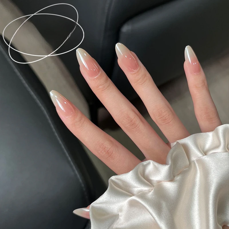 Uñas postizas de 30 piezas, Uñas postizas decoradas con degradado de color Nude, con pegamento, puntas acrílicas, juego de uñas postizas de media larga