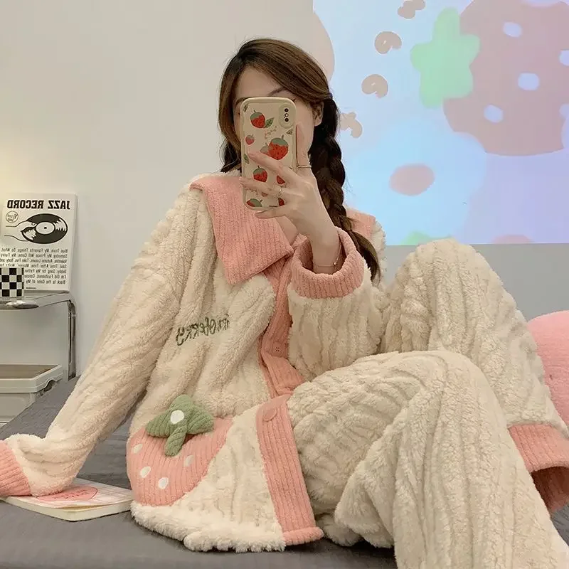 

Coral Fleece Autumn Winter Pajama Female Online Celebrity Warm Add Fleece To Thicken Set Sweet and Loose Flannel Cute Loungewear