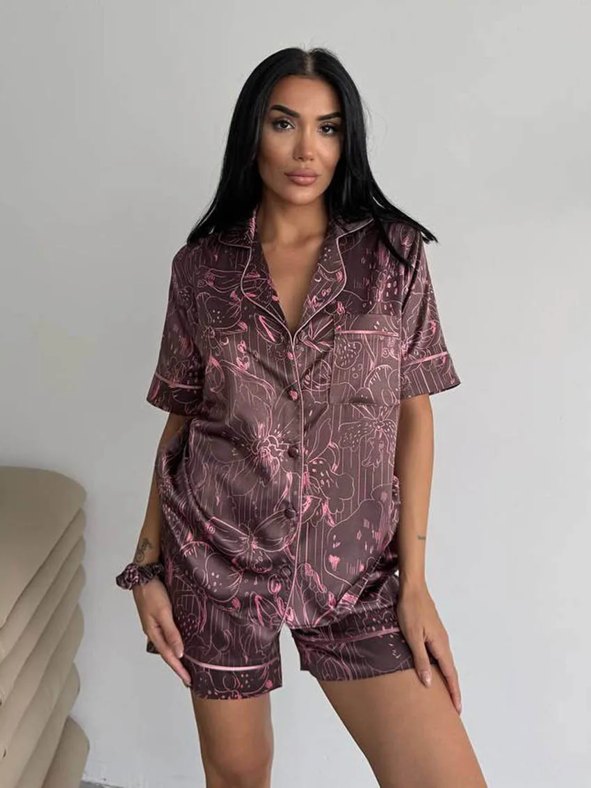 

Marthaqiqi Home Clothes Ladies Short Sleeve Nightgowns Sexy Turn-Down Collar Pajamas Shorts Female Sleepwear 2 Piece Suit Casual