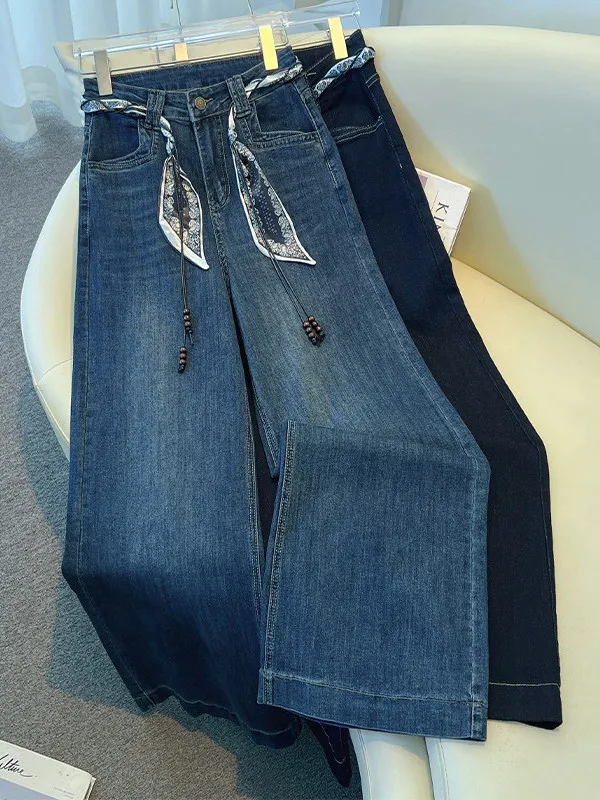 Denim Blue Wide Leg Pants Women's Autumn Winter New Style Four Sided Elastic Loose Straight Floor Length Trousers