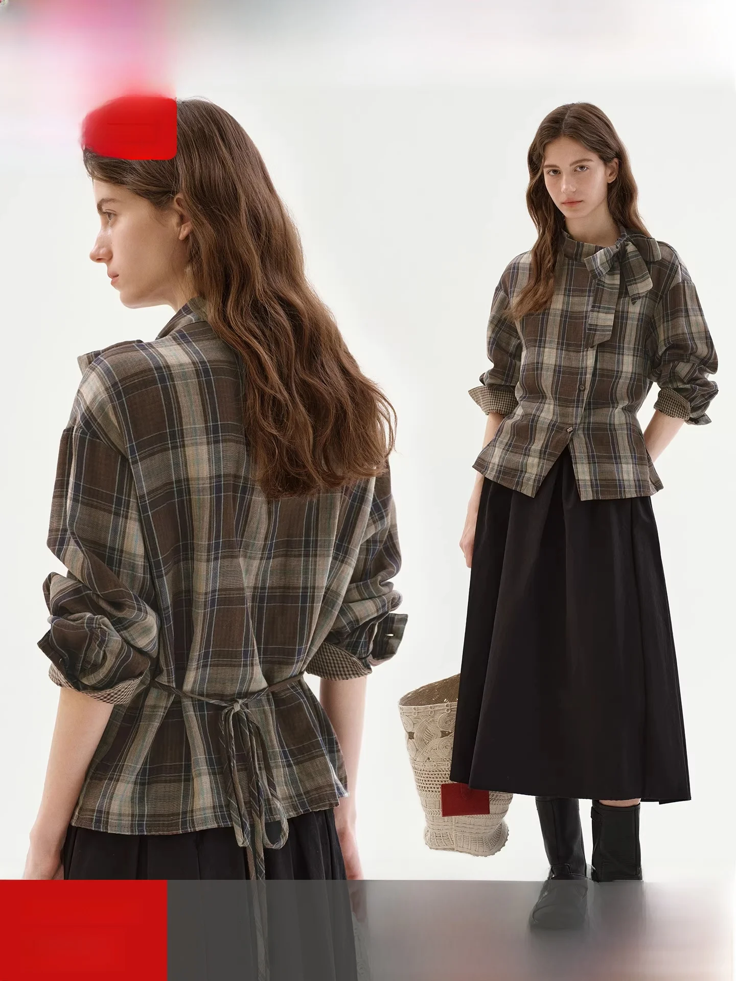 

Женская рубашка Fano из 100% хлопка в клетку, весна 2026, с уникальным дизайном завязок, на пуговицах, для повседневной носки, простая, с длинным рукавом