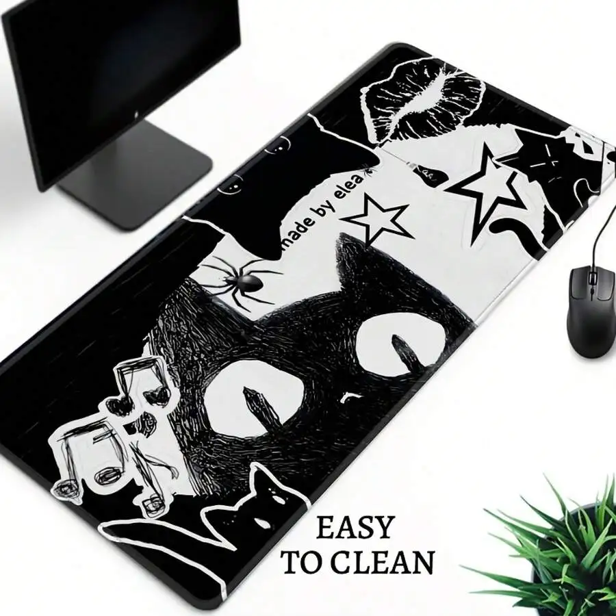 Extra Large Gaming Mouse Pad Black Kawaii Design Non-Slip Rubber Base Polyester Surface