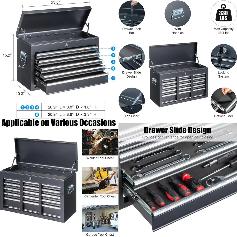 

24 Mobile Tool Box with 5 Drawers and Top Tray, Lockable Metal Chest for Workshop, Garage, and Home Storage