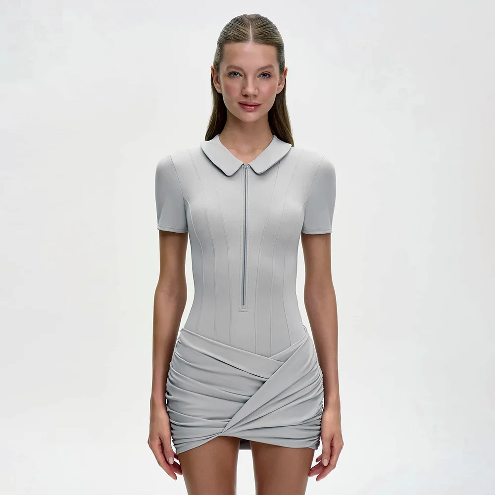 Modischer Plissee-Jumpsuit für Damen, Eleganter Kurzarm-Bodycon mit Reißverschluss und Revers, Sommerliche Alltags- und Streetwear – Detail 19