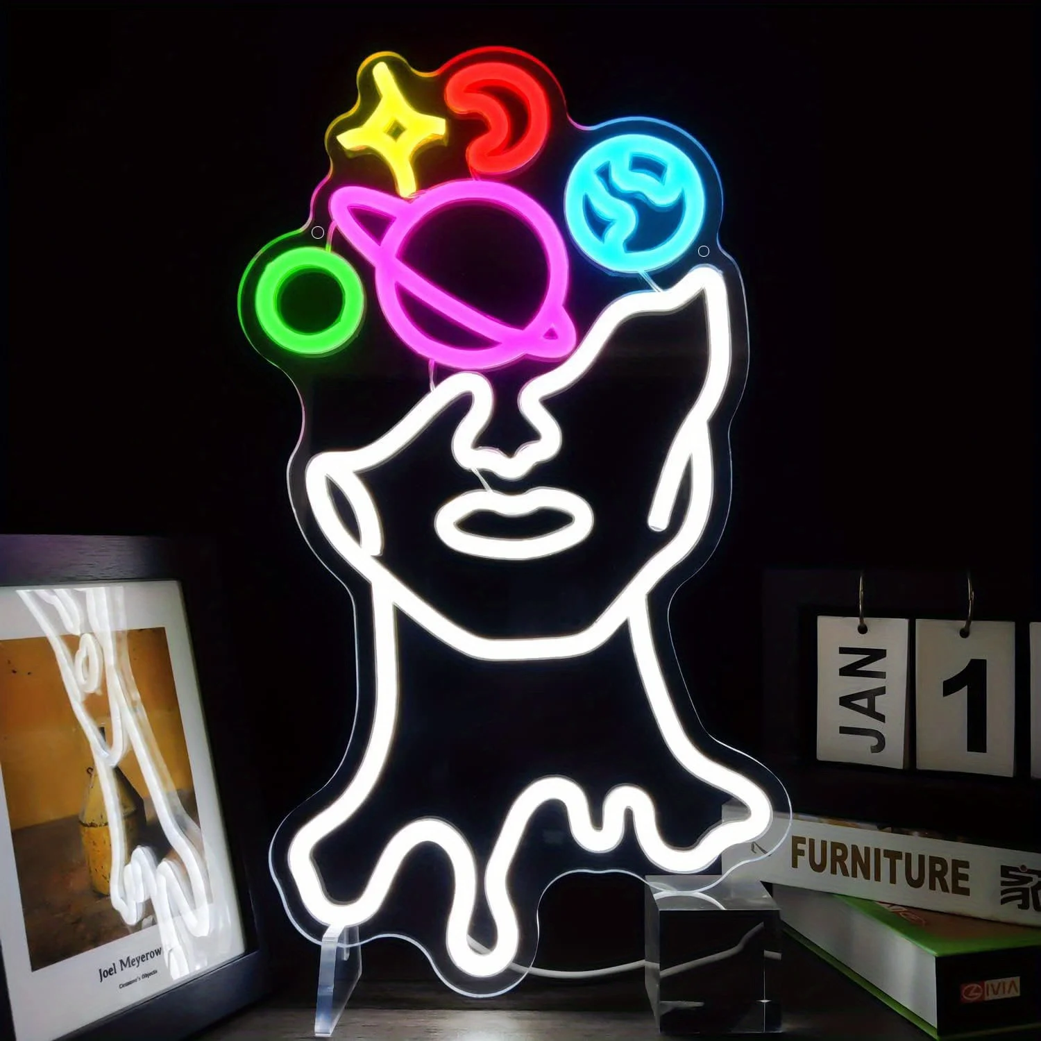 Abstract Girl Face Planet LED Neon Sign Colorful USB Powered Night Light Creative Bedroom Living Room Wall Art Decoration