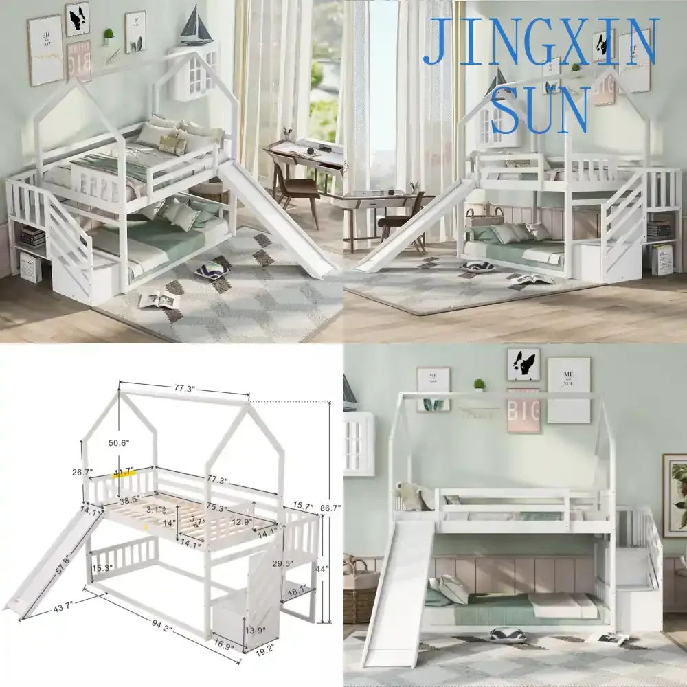 Wooden Bunk Bed with Slide for Kids Toddlers | Twin Over Twin Bunk Bed with Safety Railing for Small Spaces | Space Saving