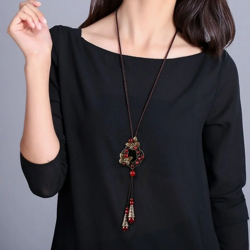 Ethnic Style Accessories, Ceramic Necklaces, Long Sweaters, Chain Pendants, Forest Women's Artistic Cotton And Linen Accessories