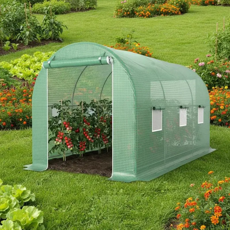 Serre de jardin tunnel autoportante 8 m² 4L x 2L x 2,05H m avec structure tubulaire, porte zippée et 6 fenêtres enroulables vertes