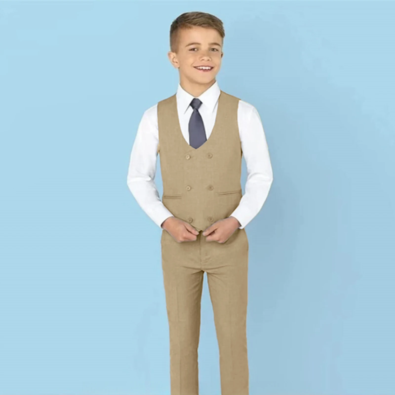 Beige Suit For Boys Peaked Lapel Wedding Tuxedo Kids Blazer Child Set Formal Party Jacket Pants Vest 3 Piece 2-16 Years Old