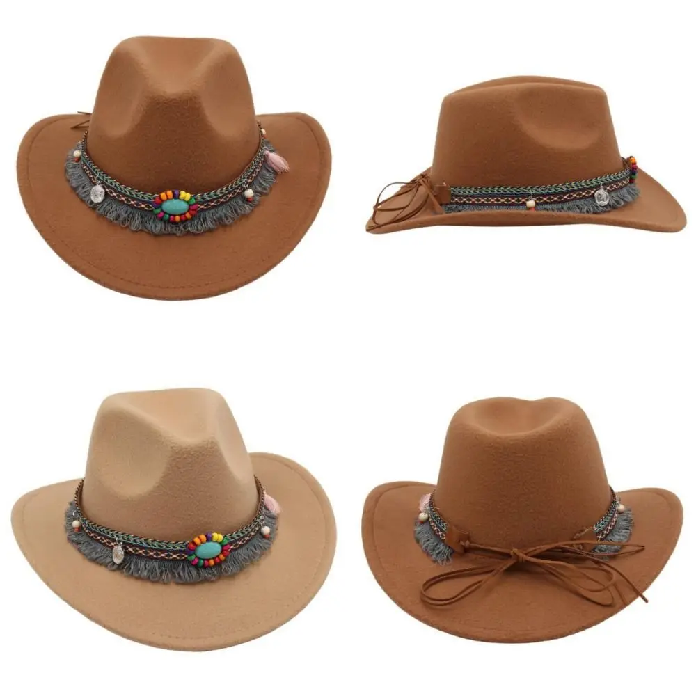 Ethnic Style Western Cowboy Hat Solid Color Colorful Rope Roll Brim Cowgirl Cap with Tassels Wide Brim Tibetan Style Top Hat