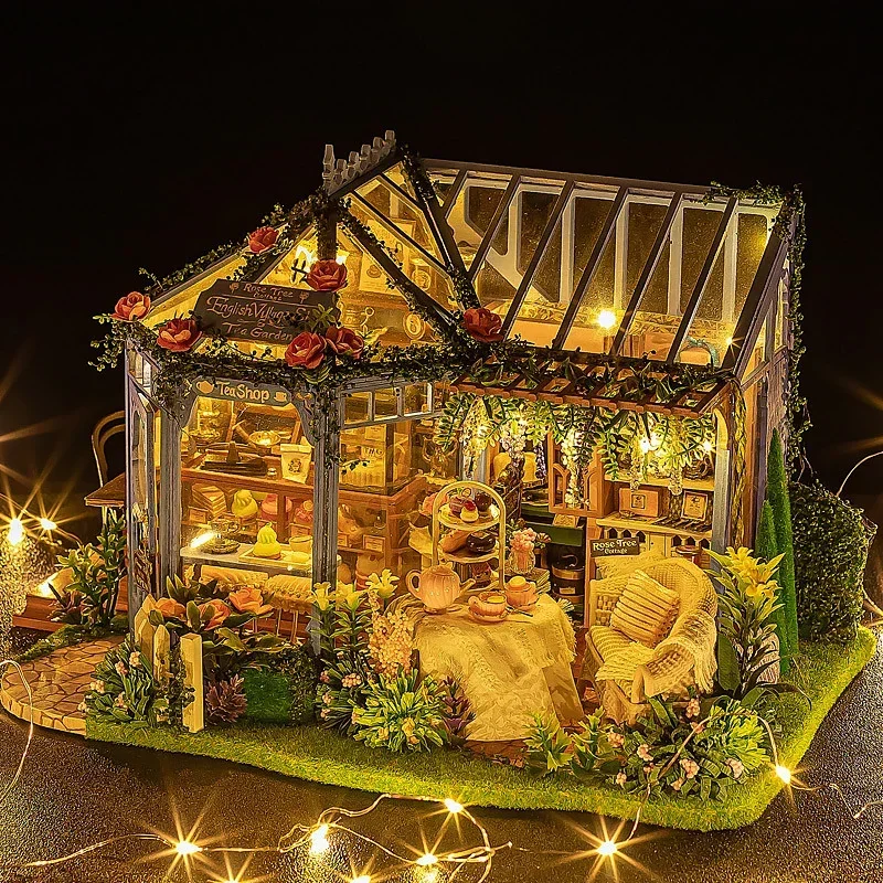 Kit de casa de bonecas de madeira artesanal modelo de construção flor jardim 3d puzzle montagem brinquedo casa de boneca em miniatura com iluminação de móveis