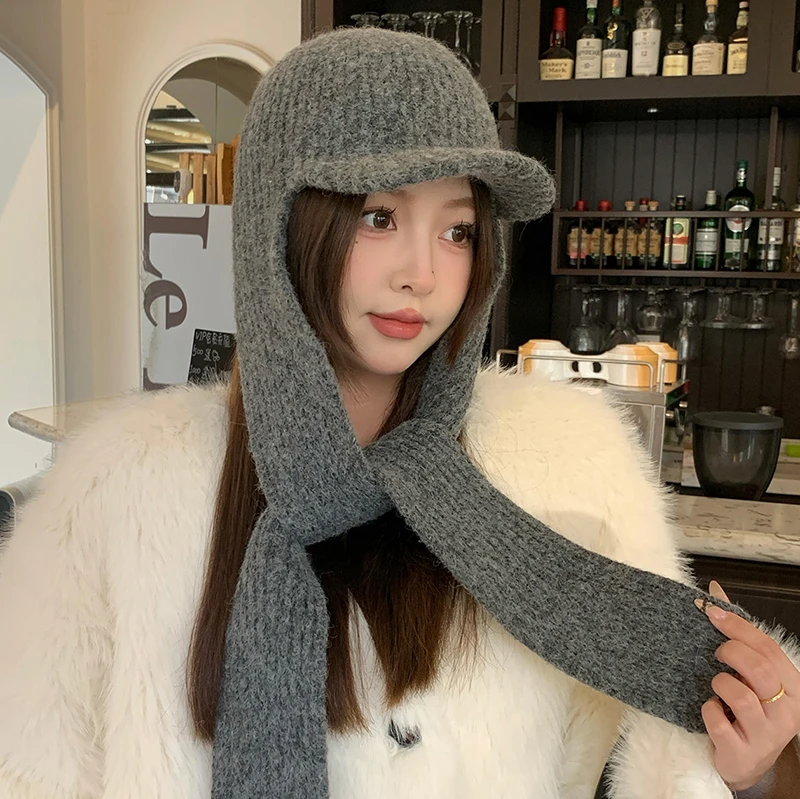 Korean Autumn Winter Wool Blended Baseball Cap Scarf Two-piece Set Thickened Thermal Ear Bomber Hat Integrated Knitted Hat Women
