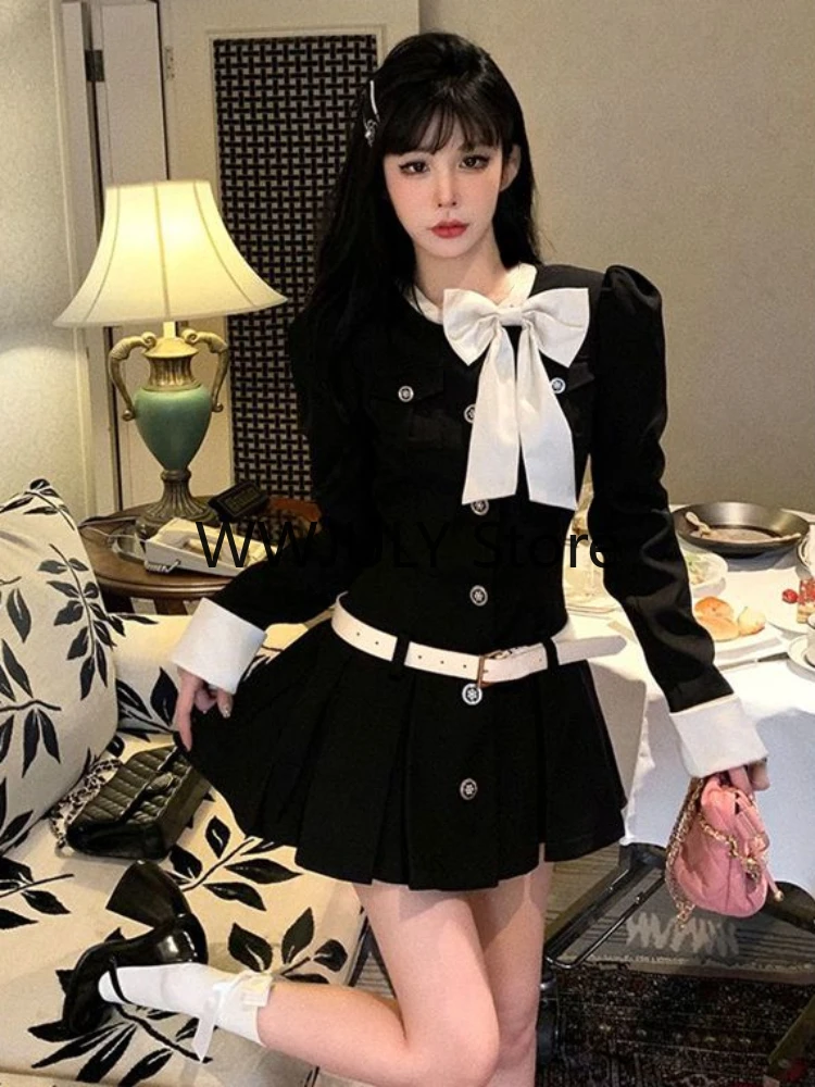 2023 Autumn Vintage Black Y2k Mini Dress Woman Short Party Korean Fashion Dress Office Lady Elegant Long Sleeve Casual Dress