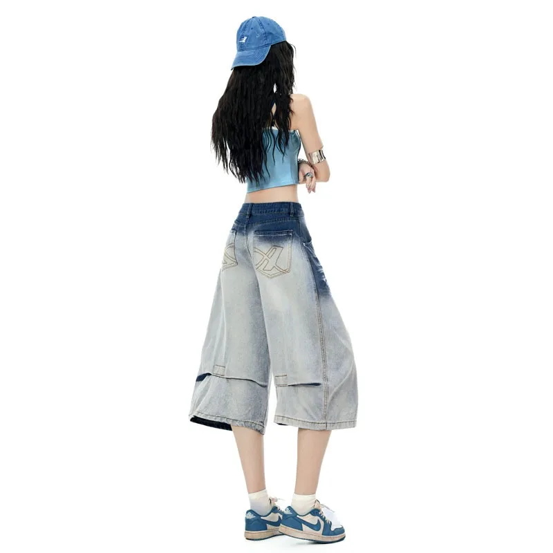 American High Street Women's Gradient Wash Curve Cropped Jeans Cat Whisker Wrinkle Wide Leg Capri Denim Y2K Casual Trousers