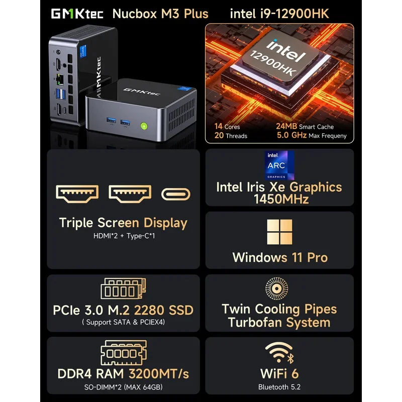 M3 Plus Mini PC Gaming Computer Core I9-12900HK Mini Host DDR4 SSD Win 11 Pro Customization Desktop PC Computer