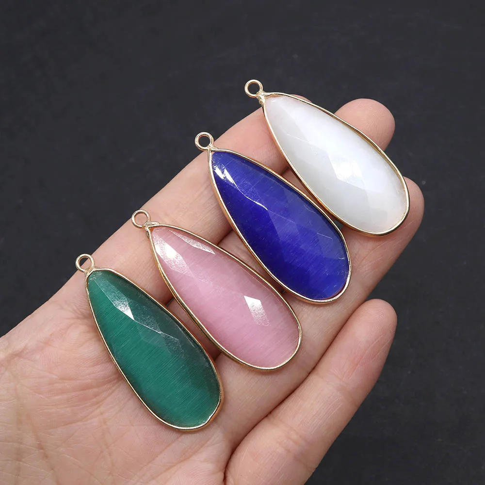 1pc Teardrop-Shaped Faceted Natural Cat's Eye Pendant With Gold-Plated Edge Single-Hole Charm For DIY Women's Necklace Accessory