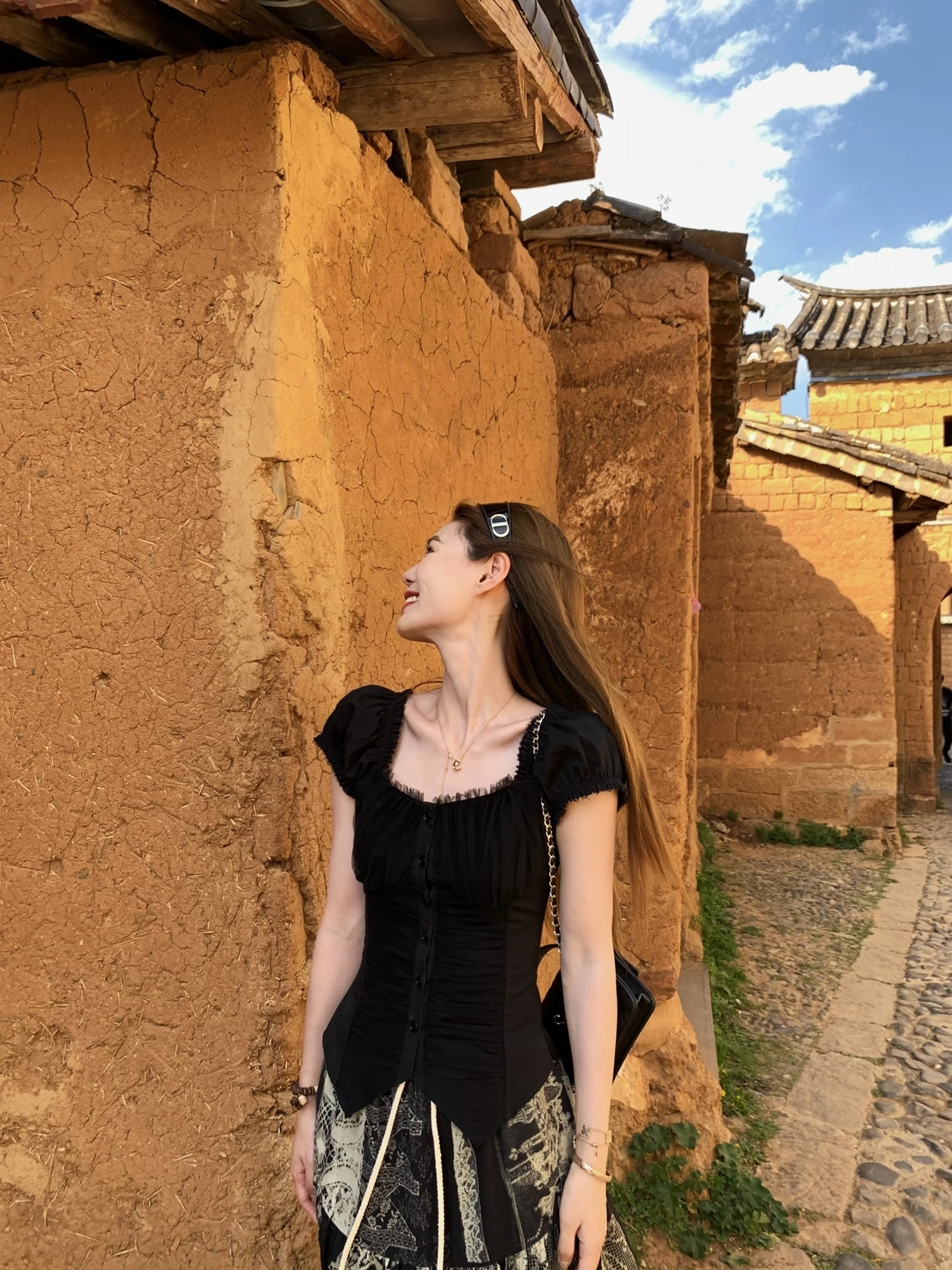 

Double Layered Net Heavy Work Square Collar Top Moon Night Ballet Design by Xiao Jun Jun Brand Cotton Blend Casual Shirt