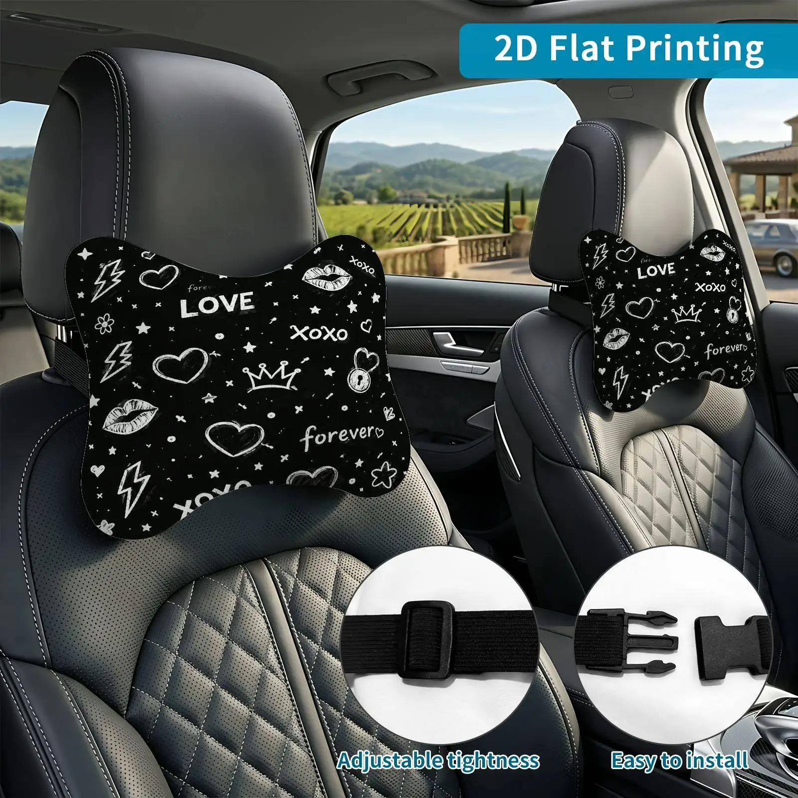 2pcs Loveforeverxoxo Car Seat Headrest, Neck Support Cushion, Suitable For All Seasons Of Car Additions, Romantic Theme, Travel