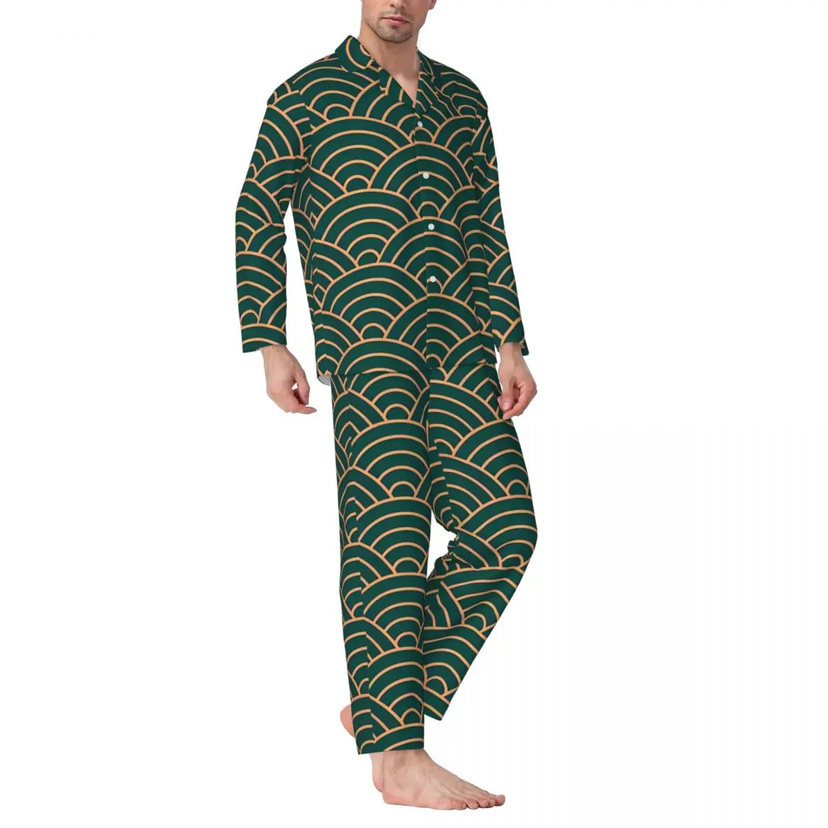 Pajamas Mens Japanese Seigaiha Waves Green Daily Sleepwear 2 Pieces Retro Pajamas Set Long Sleeve Kawaii Oversized Home Suit