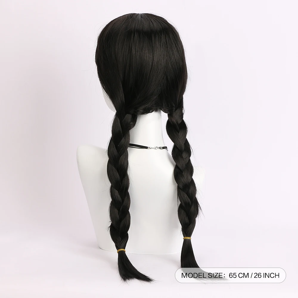 Wednesday Addams Cosplay Wig Long Black Braids Hair Heat Resistant Synthetic Wigs with Bangs for Halloween Party