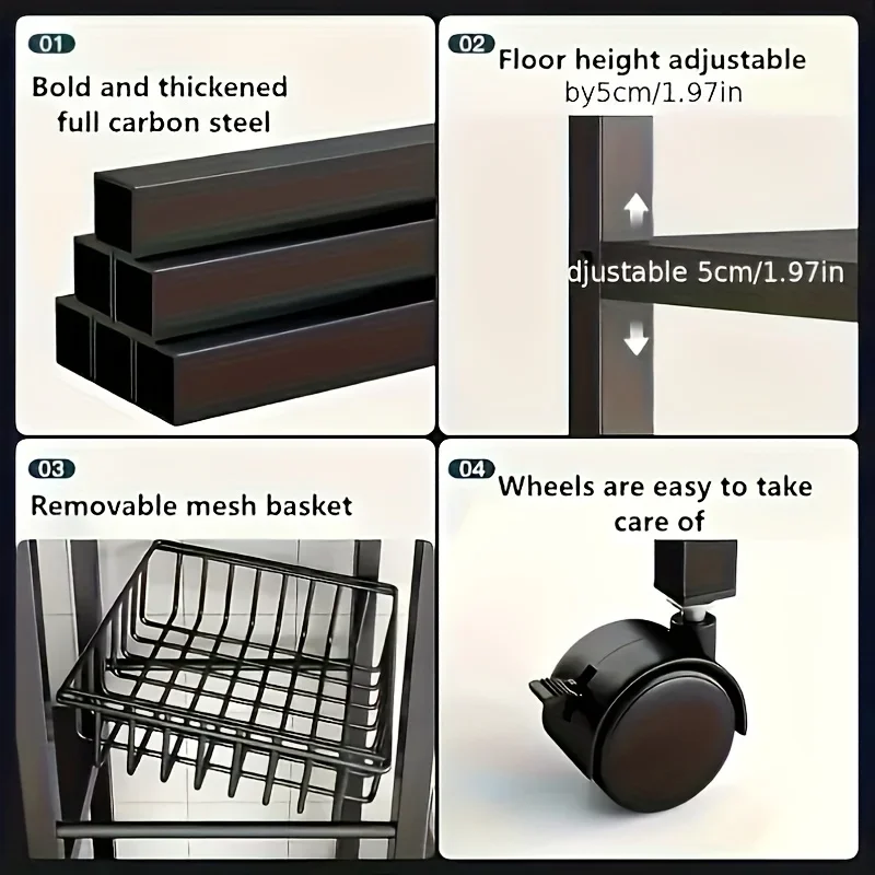 4-tier adjustable gold metal storage shelf with wheels and 3 baskets - Mobile organizer shelf kitchen