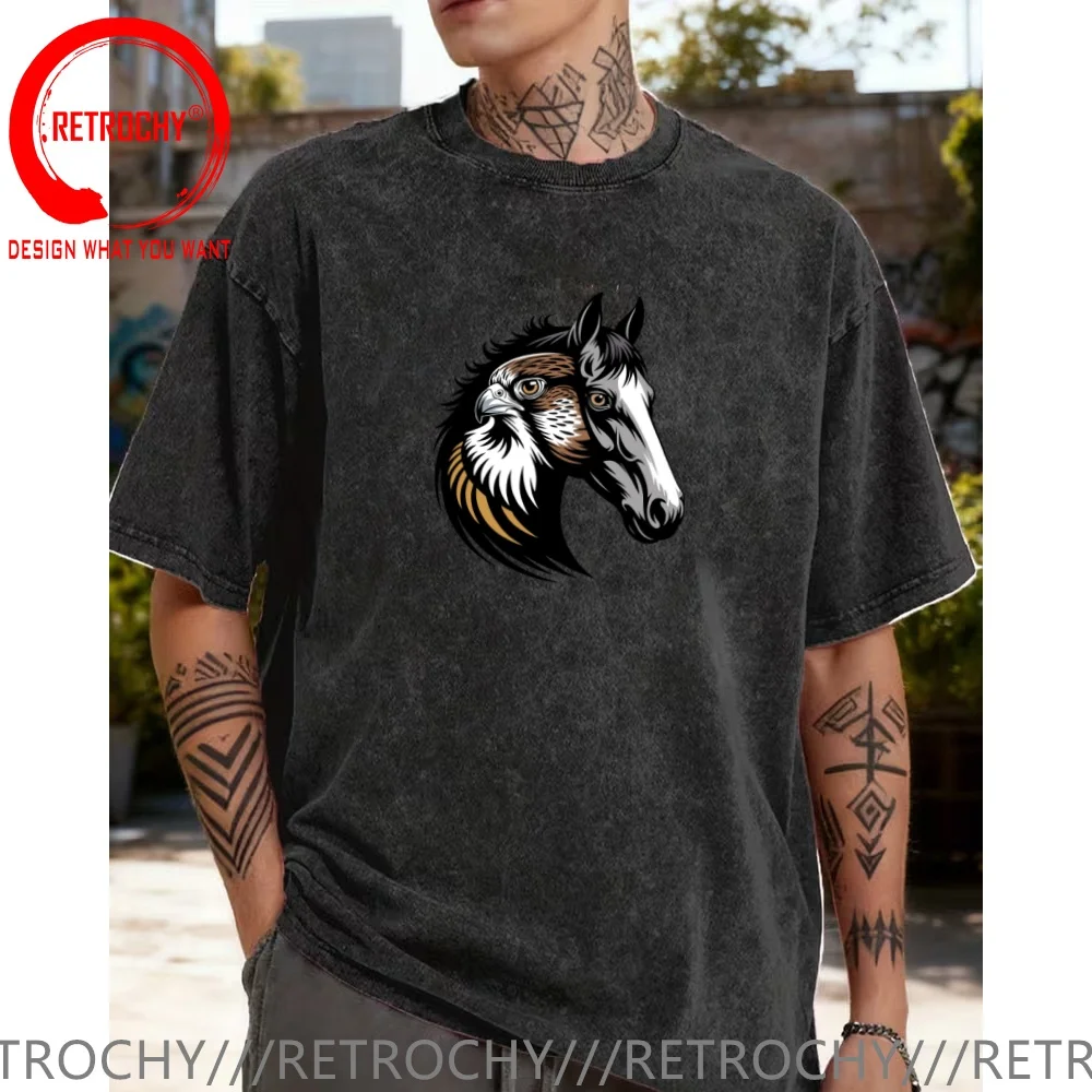 

Винтажная футболка из выстиранного хлопка с забавным дизайнерским принтом «Лошадь-орёл» для мужчин: модная повседневная одежда, стильные топы и футболки