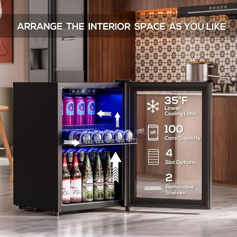 Beverage Refrigerator Cooler Freestanding Mini Fridge Cooler with Glass Door, Adjustable Shelves & Digital Temperature Display
