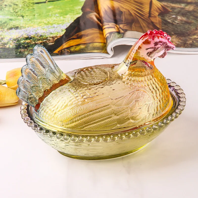 Creative Glass Fruit Bowl with Colorful Glass Hen Brooding Design Candy Storage & Fruit Dish Kitchen Table Decor Home Gift