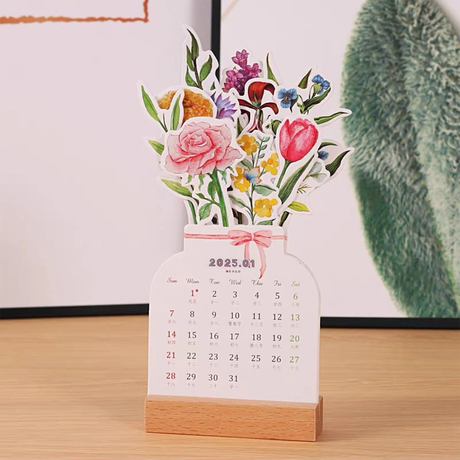 2025 Desk Calendar Exquisite Bloomy Flowers Monthly Planner Calendar with Wooden Stand for Festival Home Office Tabledesk Decor