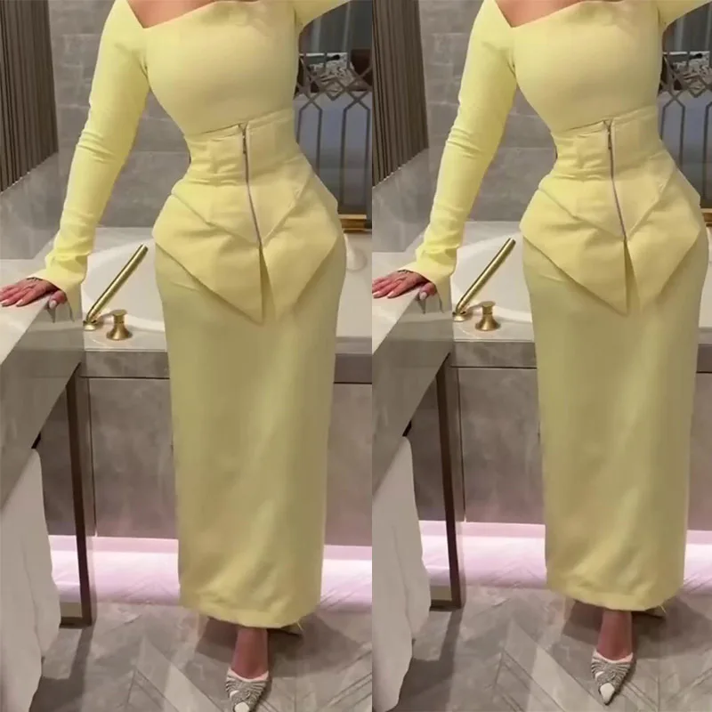 

Women Two Piece Skirt Sets Full Sleeve Square Neck Irregular Tops Wrap Hip Skirts Slim Fit Solid Elegant Office Lady Summer 2025