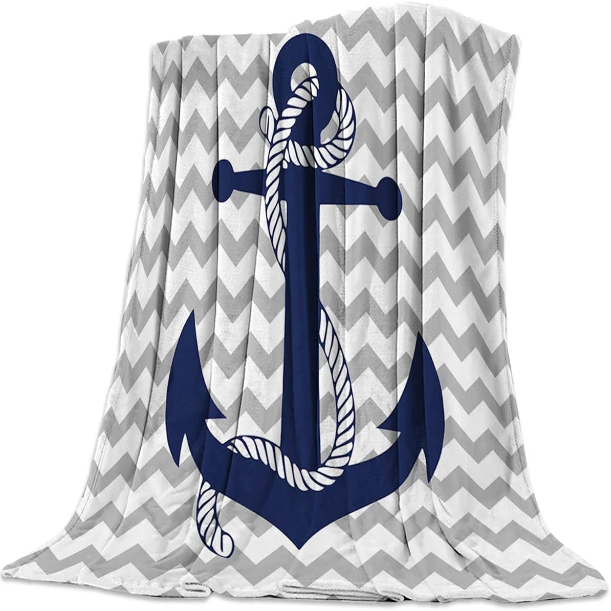 Flannel Luxury Lightweight Cozy Couch/Bed Super Soft Warm Plush Microfiber Throw Blanket,Nautical Navy Anchor,Gray and White