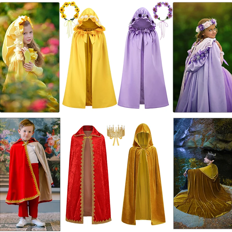 Halloween Cosplay Kids Prince Cloak Fancy Girl Fairy Cinderella Belle Princess Hooded Cape Carnival Children Masquerade Costume