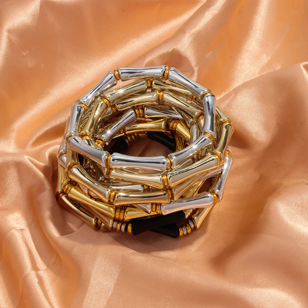 3pcs Gold Color Acrylic Bamboo Elbow Elastic Bracelets for Women Vintage Resin Thin Curved Tube Stackable Bangle Fashion Jewelry