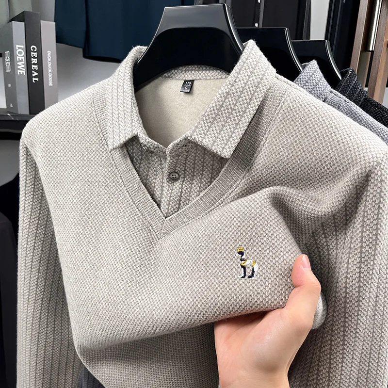 Comfort Man Long-Sleeved Polo Shirt False Two-Piece Lapel Button Exquisite Embroidery Thicken Fleece-Lined Winter Leisure Tops
