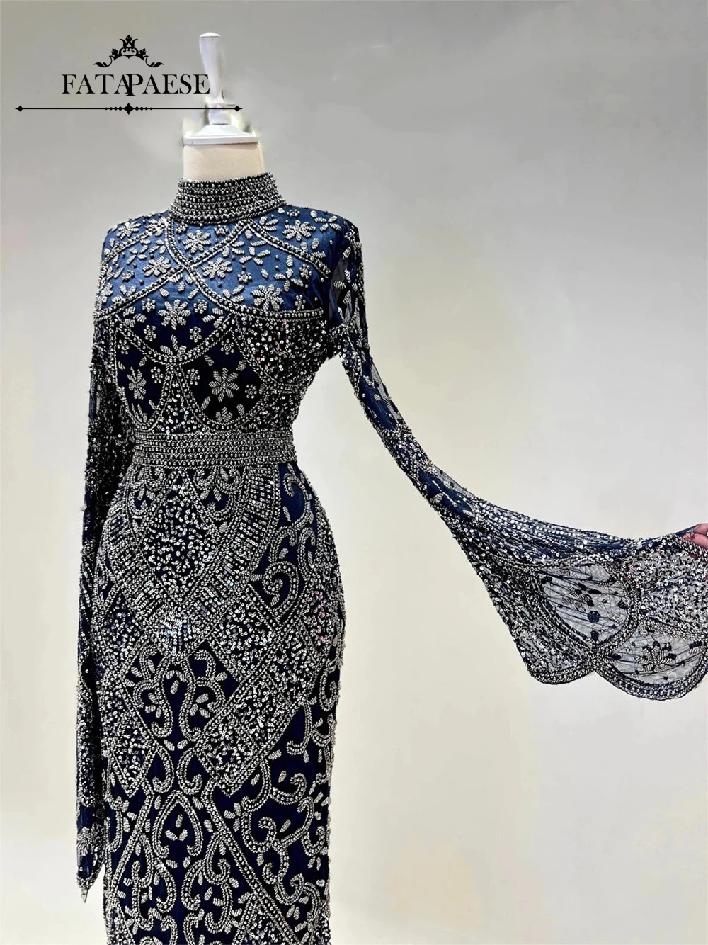 FATAPAESE 무슬림 럭셔리 이브닝 드레스 하이넥 풀 비즈 배트 슬리브 머메이드 프롬 드레스 아랍 두바이 히잡 드레스